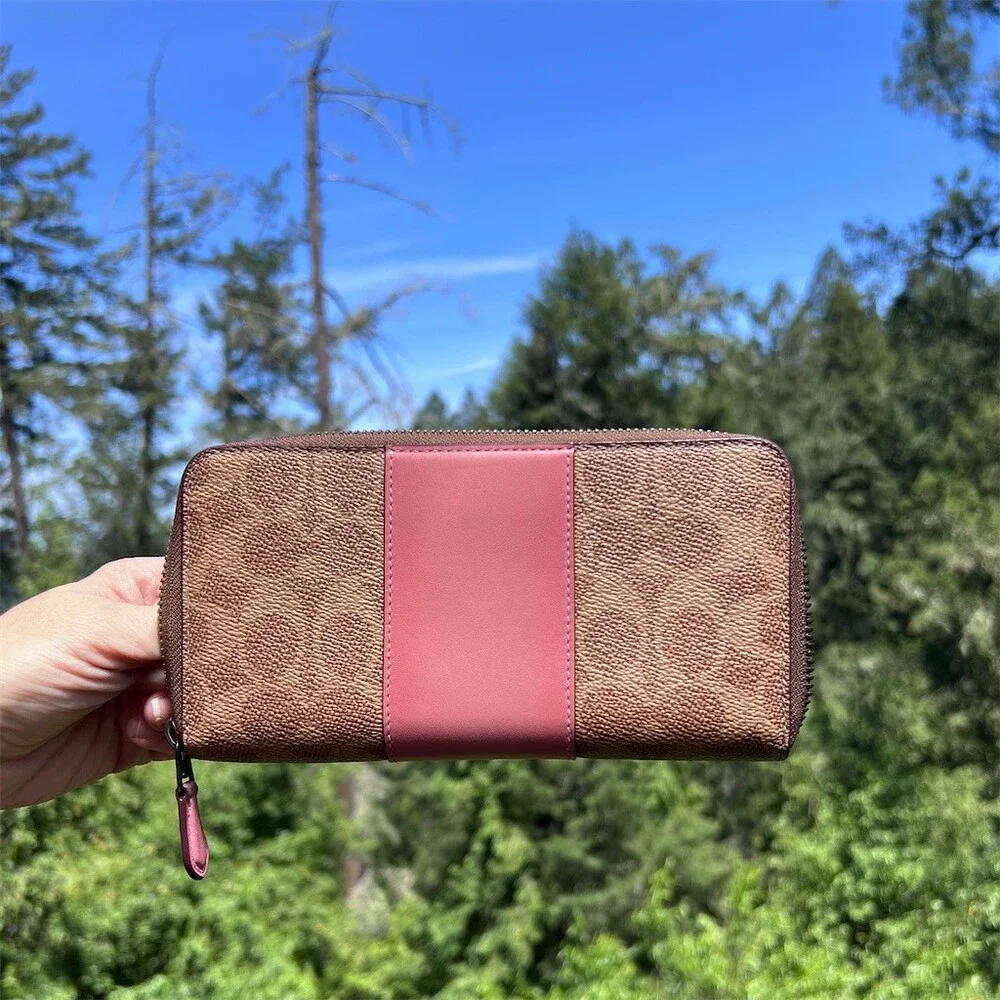 COACH Long Zip-Around Wallet Tan/Pink Signature Canvas & Leather w Gold Hardware